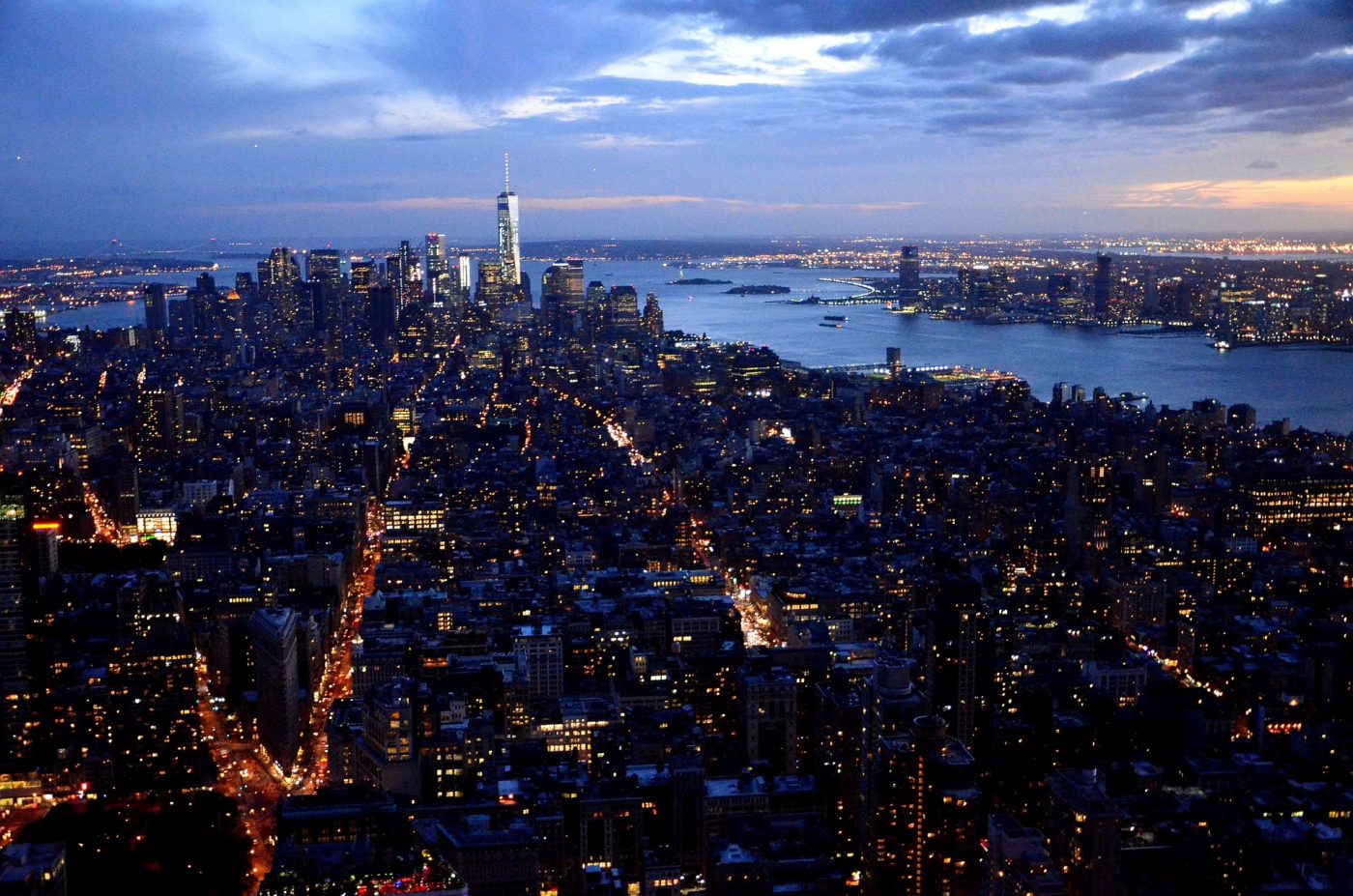 birds eye view of new york city at night