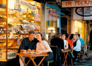 couple sitting outside eating