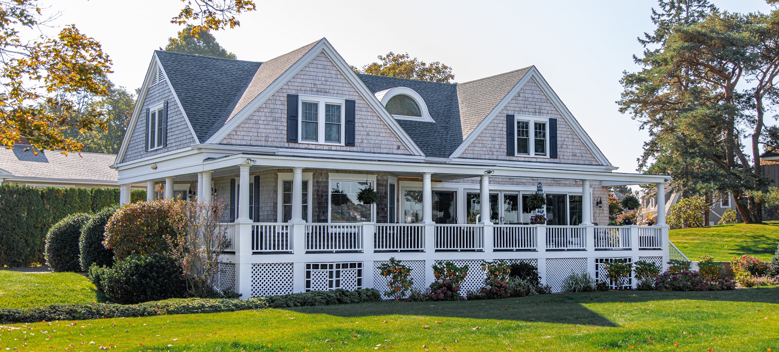 gray house with blue shutters