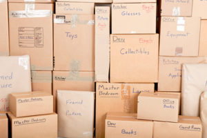 Packed moving boxes with labels