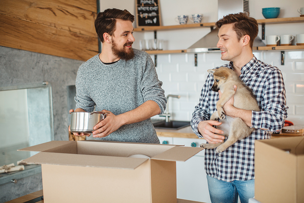 young couple with a dog moving stress free