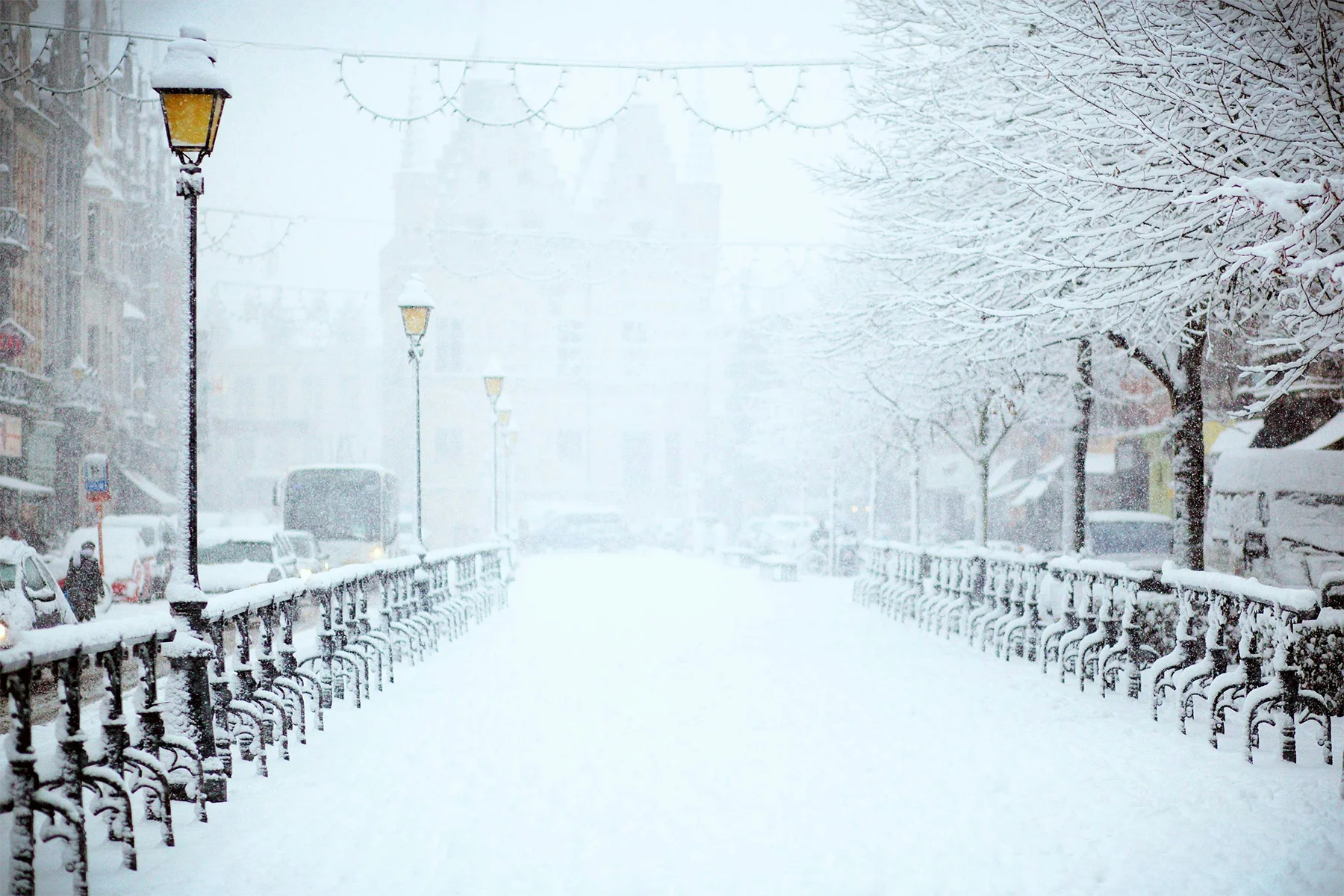 Snow-covered street with cars and lampposts during a snowstorm, depicting the challenges of moving in the winter.